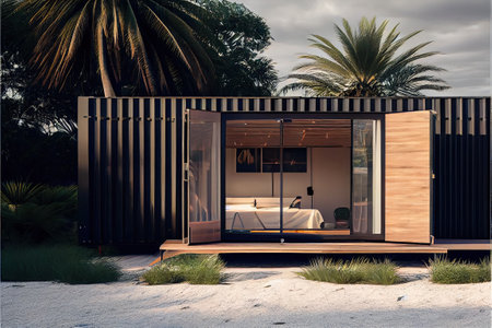 view of a luxury container house on tropical beach. freelance house. ai generativeの素材