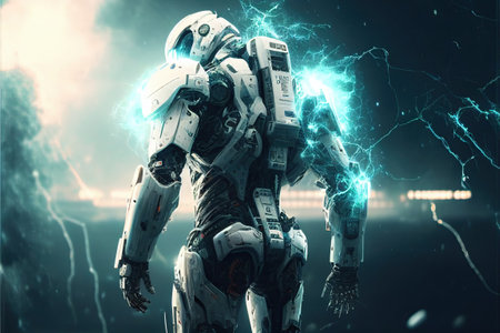 Awesome white cosmonaut robot, moving, cosmos background. ai generativeの素材
