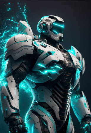 Awesome white cosmonaut robot, moving, cosmos background. ai generativeの素材