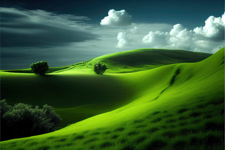 infinite green meadow, Green Hills. background. Ai generativeの素材