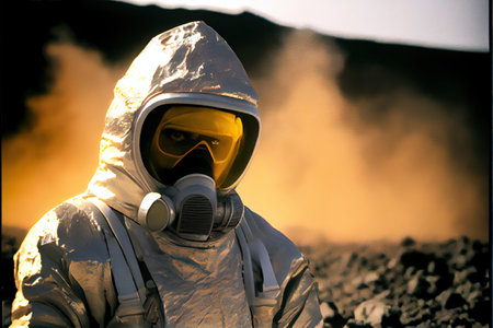 volcanologist in silver hazmat suit, explosions of lava. Volcano. AI Generativeの素材