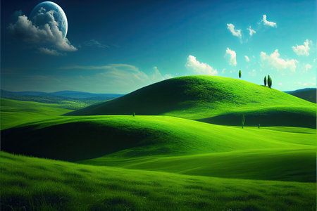 infinite green meadow, Green Hills. background. Ai generativeの素材