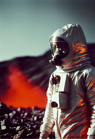volcanologist in silver hazmat suit, explosions of lava. Volcano. AI Generativeの素材