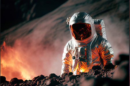 volcanologist in silver hazmat suit, explosions of lava. Volcano. AI Generativeの素材