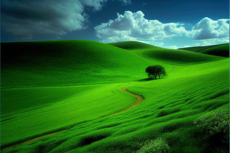 infinite green meadow, Green Hills. background. Ai generativeの素材