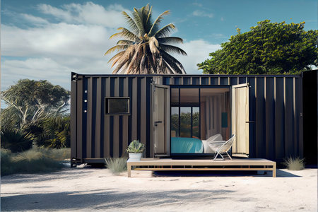 view of a luxury container house on tropical beach. freelance house. ai generativeの素材