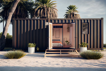 view of a luxury container house on tropical beach. freelance house. ai generativeの素材