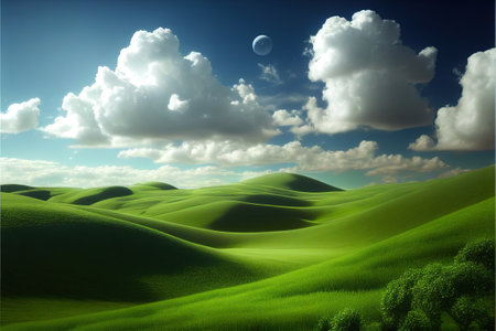 infinite green meadow, Green Hills. background. Ai generativeの素材