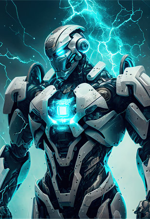 Awesome white cosmonaut robot, moving, cosmos background. ai generativeの素材