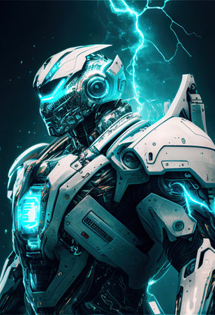 Awesome white cosmonaut robot, moving, cosmos background. ai generativeの素材