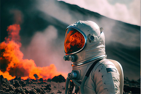volcanologist in silver hazmat suit, explosions of lava. Volcano. AI Generativeの素材