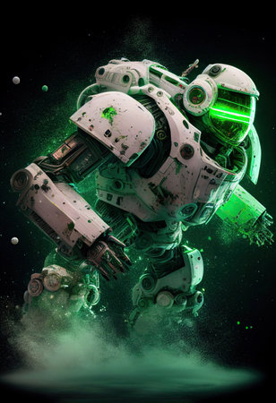 Awesome white cosmonaut robot, moving, cosmos background. ai generativeの素材