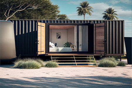 view of a luxury container house on tropical beach. freelance house. ai generativeの素材