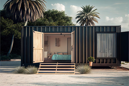 view of a luxury container house on tropical beach. freelance house. ai generativeの素材