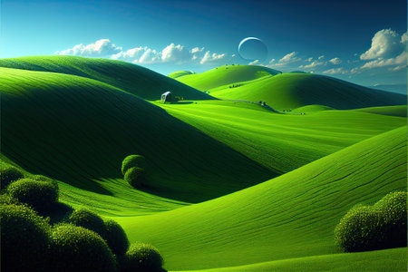 infinite green meadow, Green Hills. background. Ai generativeの素材