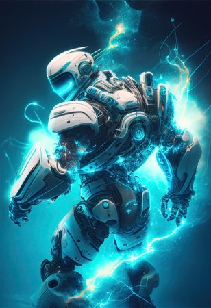 Awesome white cosmonaut robot, moving, cosmos background. ai generativeの素材