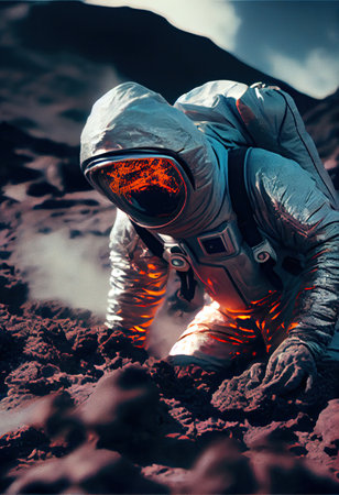 volcanologist in silver hazmat suit, explosions of lava. Volcano. AI Generativeの素材