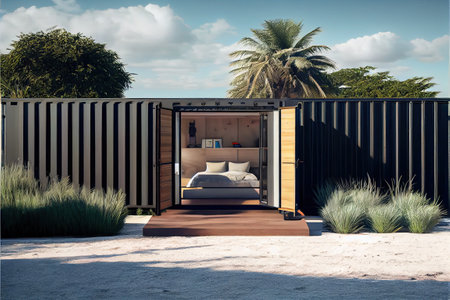 view of a luxury container house on tropical beach. freelance house. ai generativeの素材