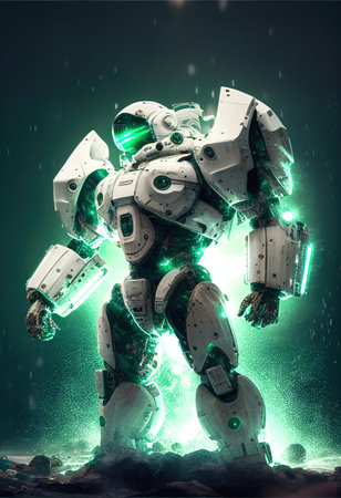 Awesome white cosmonaut robot, moving, cosmos background. ai generativeの素材