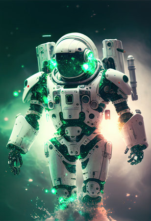 Awesome white cosmonaut robot, moving, cosmos background. ai generativeの素材