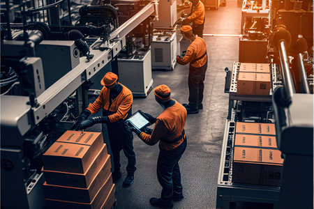A team of human and robotic workers collaborating to produce a product on a factory . AI Generativeの素材