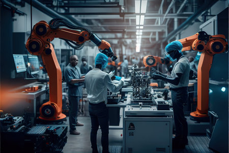 A team of human and robotic workers collaborating to produce a product on a factory . AI Generativeの素材