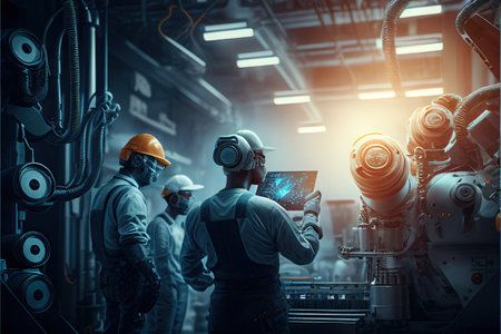 A team of human and robotic workers collaborating to produce a product on a factory . AI Generativeの素材