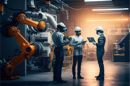 A team of human and robotic workers collaborating to produce a product on a factory . AI Generativeの素材
