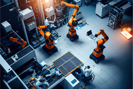 A team of human and robotic workers collaborating to produce a product on a factory . AI Generativeの素材