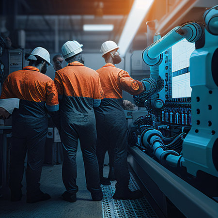 A team of human and robotic workers collaborating to produce a product on a factory . AI Generativeの素材