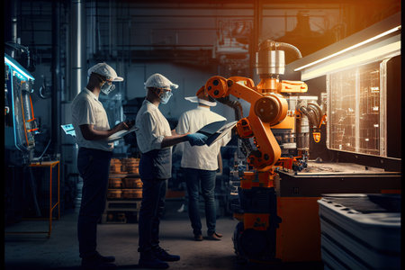 A team of human and robotic workers collaborating to produce a product on a factory . AI Generativeの素材