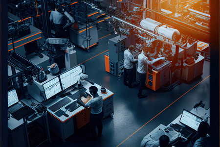 A team of human and robotic workers collaborating to produce a product on a factory . AI Generativeの素材
