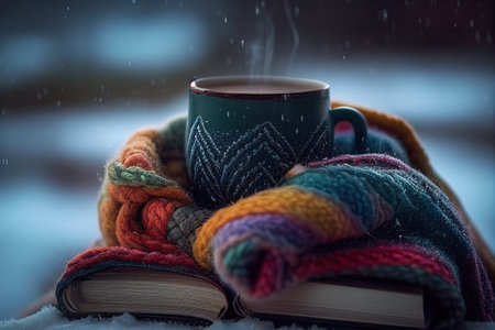 a cup of coffee is wrapped in a colorful warm sweater, books, comfort . Ai generativeの素材