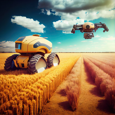 Future farm life, heat field with HD drones, robots, satellites and tractors. Ai generativeの素材