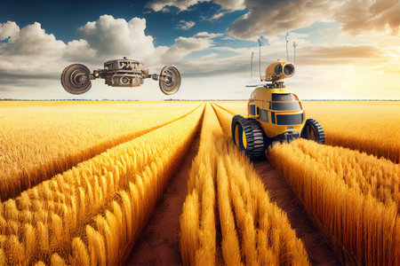 Future farm life, heat field with HD drones, robots, satellites and tractors. Ai generativeの素材