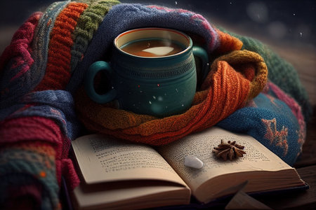 a cup of coffee is wrapped in a colorful warm sweater, books, comfort . Ai generativeの素材