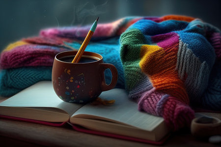 a cup of coffee is wrapped in a colorful warm sweater, books, comfort . Ai generativeの素材