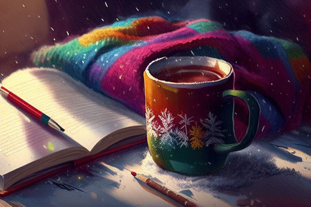 a cup of coffee is wrapped in a colorful warm sweater, books, comfort . Ai generativeの素材