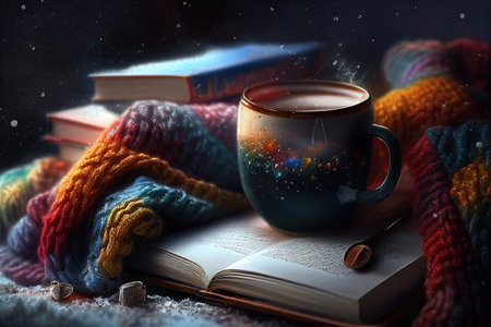 a cup of coffee is wrapped in a colorful warm sweater, books, comfort . Ai generativeの素材