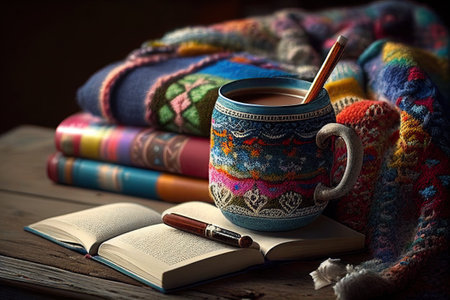 a cup of coffee is wrapped in a colorful warm sweater, books, comfort . Ai generativeの素材