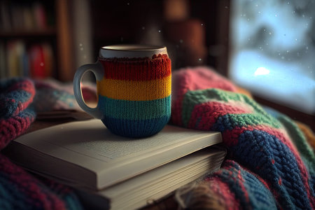 a cup of coffee is wrapped in a colorful warm sweater, books, comfort . Ai generativeの素材