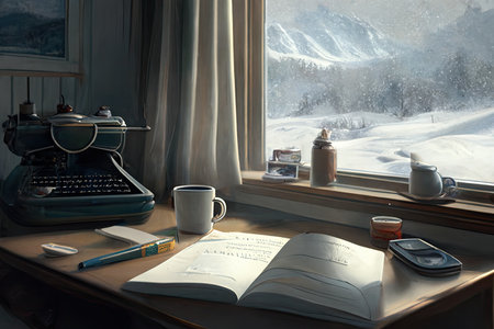 A writer's room, author of books. Outside the window is a winter scenery. Ah, generativeの素材