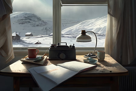 A writer's room, author of books. Outside the window is a winter scenery. Ah, generativeの素材