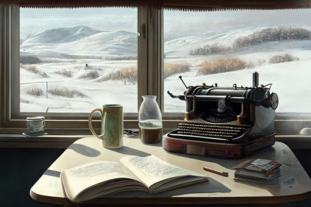 A writer's room, author of books. Outside the window is a winter scenery. Ah, generativeの素材
