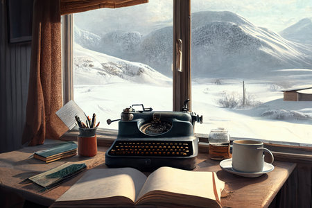 A writer's room, author of books. Outside the window is a winter scenery. Ah, generativeの素材