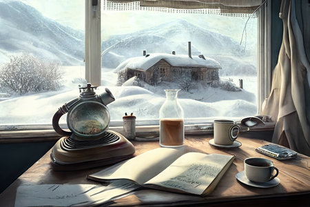 A writer's room, author of books. Outside the window is a winter scenery. Ah, generativeの素材
