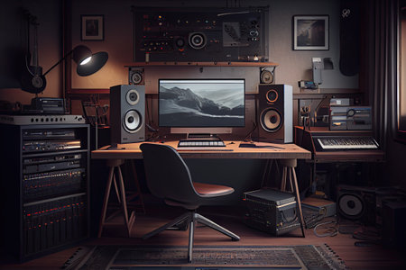 photography, music studio setup, music workstation in home. Generative aiの素材