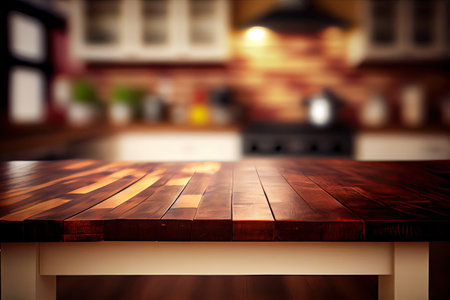 Wood table top on blur kitchen counter (room) in background . copy spacy for product. AI Generativeの素材