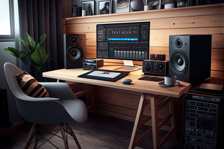 photography, music studio setup, music workstation in home. Generative aiの素材