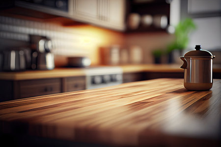 Wood table top on blur kitchen counter (room) in background . copy spacy for product. AI Generativeの素材